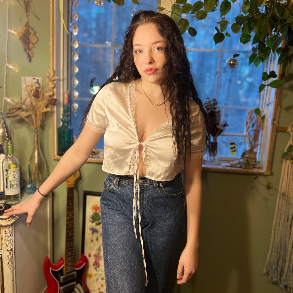 White Silk Lacey Tie Front Top